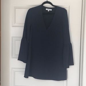 Navy dress with v-neck and bell sleeves